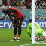 
              Belgium's Romelu Lukaku, left, reacts after missing a chance to score during the World Cup group F soccer match between Croatia and Belgium at the Ahmad Bin Ali Stadium in Al Rayyan, Qatar, Thursday, Dec. 1, 2022. (AP Photo/Francisco Seco)
            