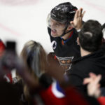
              Washington Capitals left wing Alex Ovechkin (8) celebrates his goal during the first period of an NHL hockey game against the Winnipeg Jets, Friday, Dec. 23, 2022, in Washington. This was Ovechkin's 801st NHL goal. (AP Photo/Nick Wass)
            