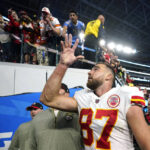 
              Kansas City Chiefs tight end Travis Kelce waves to fans after the Chiefs defeated the Los Angeles Chargers 30-27 in an NFL football game Sunday, Nov. 20, 2022, in Inglewood, Calif. (AP Photo/Jae C. Hong)
            
