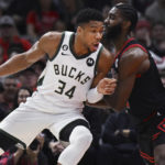 
              Milwaukee Bucks' Giannis Antetokounmpo (34) is defended by Chicago Bulls' Patrick Williams (44) during the first half of an NBA basketball game Wednesday, Dec. 28, 2022, in Chicago. (AP Photo/Quinn Harris)
            