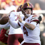 
              Washington Commanders quarterback Taylor Heinicke throws to a receiver in the first half of an NFL football game against the San Francisco 49ers, Saturday, Dec. 24, 2022, in Santa Clara, Calif. (AP Photo/Godofredo A. Vásquez)
            