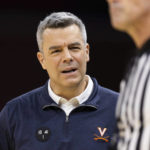 
              Virginia head coach Tony Bennett complains to a referee during the first half of an NCAA college basketball game against Florida in Charlottesville, Va., Saturday, Dec. 3, 2022. (AP Photo/Mike Kropf)
            