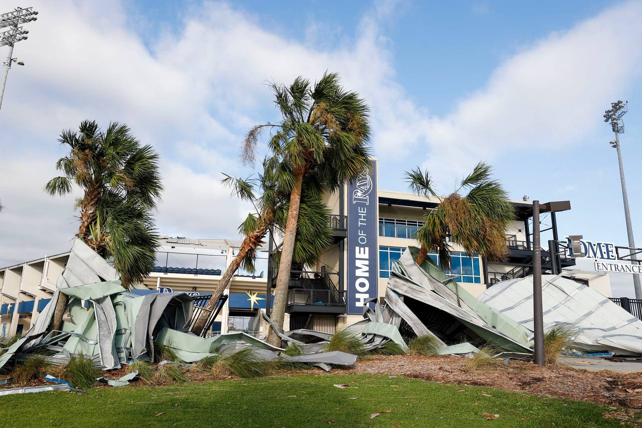 FILE - Damage caused by Hurricane Ian seen outside Charlotte Sports Park located on the grounds of ...