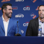 
              New York Mets general manager Billy Eppler, right, speaks while pitcher Justin Verlander looks on during a baseball news conference at Citi Field, Tuesday, Dec. 20, 2022, in New York. The team introduced Verlander after they agreed to a $86.7 million, two-year contract. It's part of an offseason spending spree in which the Mets have committed $476.7 million on seven free agents. (AP Photo/Seth Wenig)
            