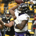 
              Baltimore Ravens quarterback Anthony Brown throws a pass during the second half of an NFL football game against the Pittsburgh Steelers in Pittsburgh, Sunday, Dec. 11, 2022. (AP Photo/Don Wright)
            