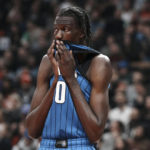 
              Orlando Magic's Bol Bol reacts during his team's loss to the Toronto Raptors in an NBA basketball game, Saturday, Dec. 3, 2022 in Toronto. (Chris Young/The Canadian Press via AP)
            