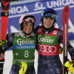
              United States' Mikaela Shiffrin, right, celebrates with second placed United States' Paula Moltzan after winning an alpine ski, World Cup women's slalom in Semmering, Austria, Thursday, Dec. 29, 2022. (AP Photo/Giovanni Auletta)
            
