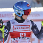 
              United States' Mikaela Shiffrin reacts after crossing the finish line to complete an alpine ski, women's World Cup downhill race, in St. Moritz, Switzerland, Saturday, Dec. 17, 2022. (AP Photo/Marco Trovati)
            