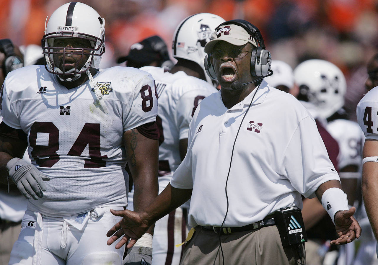 FILE - Mississippi State coach Sylvester Croom yells to the team near the end of a 19-14 win over A...