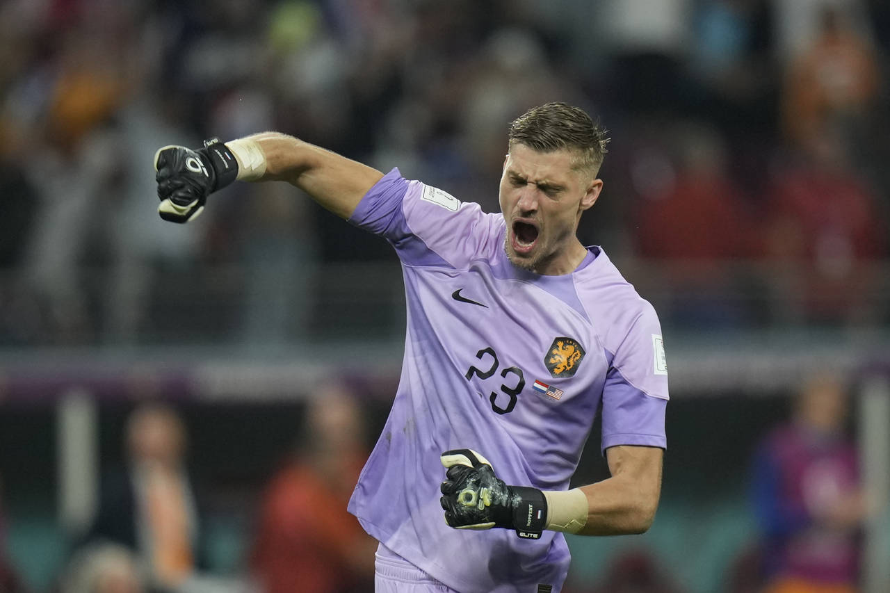 goalkeeper Andries Noppert of the Netherlands celebrates at the end of the World Cup round of 16 so...