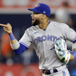 
              FILE - Toronto Blue Jays' Lourdes Gurriel Jr. reacts after the ninth inning of the team's baseball game against the New York Yankees on Thursday, Aug. 18, 2022, in New York. The Arizona Diamondbacks acquired highly regarded catching prospect Gabriel Moreno and veteran outfielder Lourdes Gurriel Jr. on Friday, Dec. 23, 2022, sending slugger Daulton Varsho to the Toronto Blue Jays. (AP Photo/Adam Hunger, File)
            