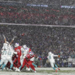 
              Buffalo Bills place kicker Tyler Bass (2) kicks a game-winning field goal during the second half of an NFL football game against the Miami Dolphins in Orchard Park, N.Y., Saturday, Dec. 17, 2022. The Bills won 32-29. (AP Photo/Joshua Bessex)
            