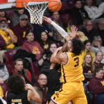
              Minnesota forward Dawson Garcia (3) is fouled by Arkansas-Pine Bluff guard Orion Virden during the second half of an NCAA college basketball game on Wednesday, Dec. 14, 2022, in Minneapolis. Minnesota won 72-56.(AP Photo/Craig Lassig)
            