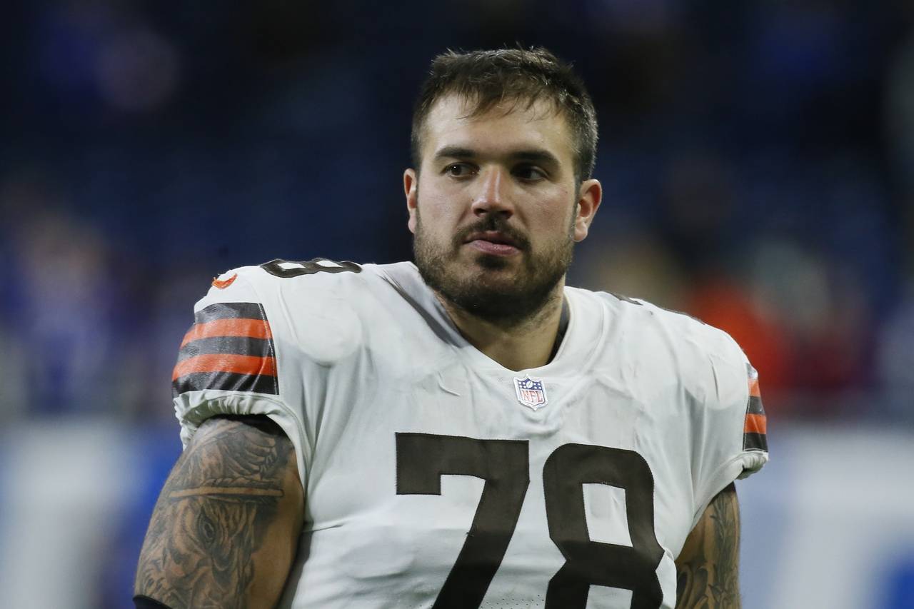 FILE - Cleveland Browns offensive tackle Jack Conklin (78) following an NFL football game against t...