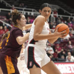 
              Stanford center Lauren Betts, right, drives against Arizona State forward Meg Newman during the fourth quarter of an NCAA college basketball game Saturday, Dec. 31, 2022, in Stanford, Calif. (AP Photo/Darren Yamashita)
            