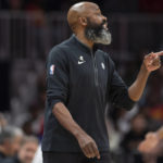 
              Brooklyn Nets head coach Jacque Vaughn gestures during the first half of an NBA basketball game against the Atlanta Hawks, Wednesday, Dec. 28, 2022, in Atlanta. (AP Photo/Hakim Wright Sr.)
            