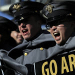 
              Army cadets jeer while the Navy march-on takes place before the start of the Army Navy college football game at Lincoln Financial Field in Philadelphia on Saturday, Dec. 10, 2022. (Heather Khalifa/The Philadelphia Inquirer via AP)
            