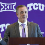 
              FILE - TCU NCAA college football head coach Sonny Dykes speaks during an introductory news conference in Fort Worth, Texas, Tuesday, Nov. 30, 2021. TCU's Sonny Dykes won The Associated Press Coach of the Year on Monday, Dec. 19, 2022, after leading the No. 3 Horned Frogs to the College Football Playoff in his first season with the school. (AP Photo/LM Otero, File)
            