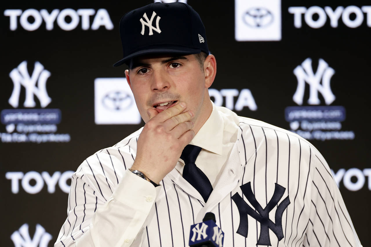 New York Yankees' Carlos Rodon speaks during his introductory baseball news conference at Yankee St...