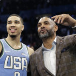 
              FILE - Former NBA player Grant Hill, right, speaks with Team USA player Jayson Tatum, of the Boston Celtics, both of whom played at Duke, after the NBA All-Star Rising Stars basketball game against the World Team, Friday, Feb. 15, 2019, in Charlotte, N.C. Let the recruiting begin. The braintrust for the U.S. — managing director Grant Hill, national team director Sean Ford and coach Steve Kerr — is already well into the process of trying to get players thinking about wearing the red, white and blue at the World Cup in 2023 as well as the Paris Olympics in 2024. (AP Photo/Chuck Burton, File)
            