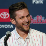 
              Newly acquired Philadelphia Phillies shortstop Trea Turner laughs during his introductory news conference, Thursday, Dec. 8, 2022, in Philadelphia. (AP Photo/Matt Slocum)
            