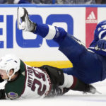 
              Arizona Coyotes center Barrett Hayton (29) takes down Tampa Bay Lightning left wing Alex Killorn (17) with a check during the first period of an NHL hockey game Saturday, Dec. 31, 2022, in Tampa, Fla. (AP Photo/Chris O'Meara)
            