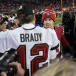 
              Tampa Bay Buccaneers quarterback Tom Brady (12) greets San Francisco 49ers quarterback Brock Purdy after an NFL football game in Santa Clara, Calif., Sunday, Dec. 11, 2022. (AP Photo/Tony Avelar)
            