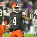 
              Cleveland Browns quarterback Deshaun Watson reacts during the second half of an NFL football game against the Baltimore Ravens, Saturday, Dec. 17, 2022, in Cleveland. (AP Photo/David Richard)
            