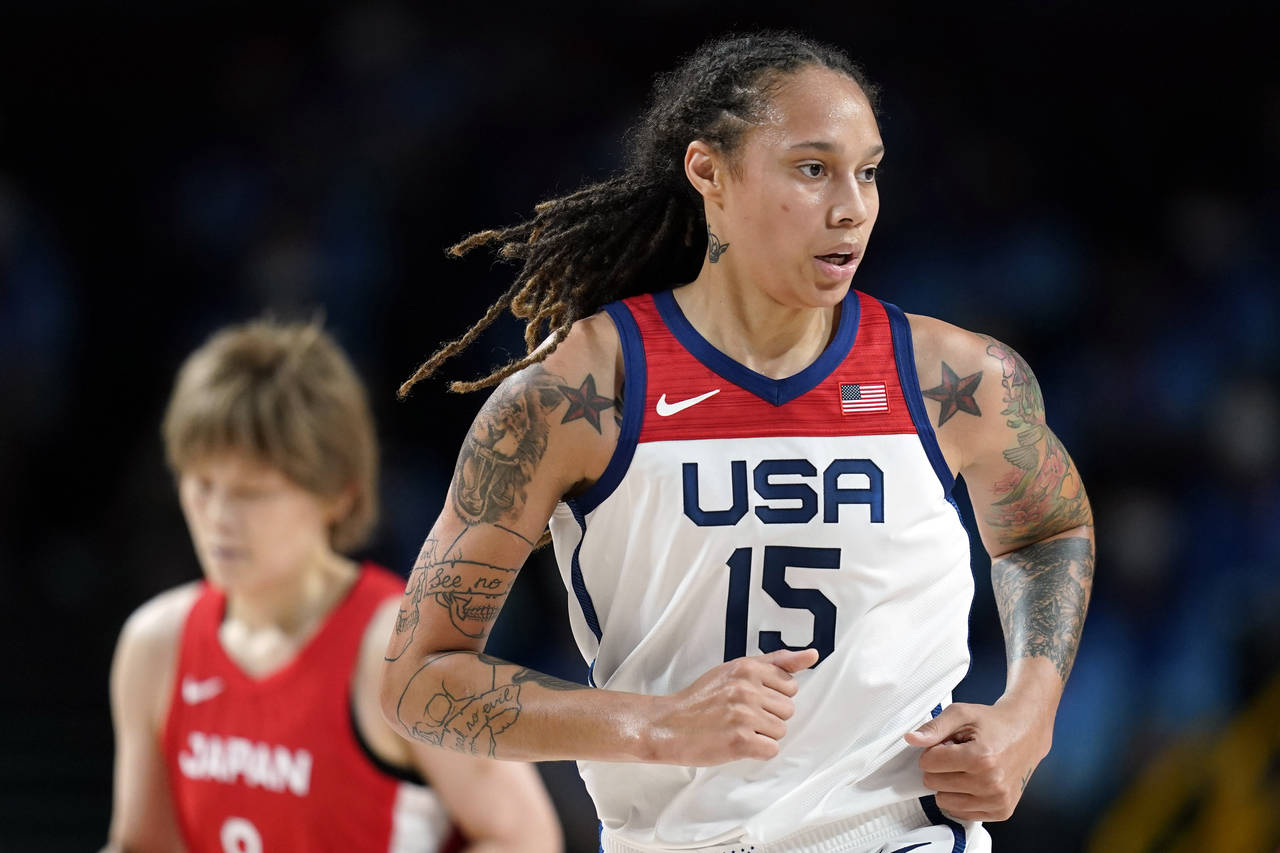 FILE - Brittney Griner (15) runs up court during women's basketball gold medal game against Japan a...