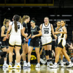 
              Iowa center Monika Czinano (25) reacts after drawing a foul during an NCAA college basketball game against Dartmouth, Wednesday, Dec. 21, 2022, at Carver-Hawkeye Arena in Iowa City, Iowa. (Joseph Cress/Iowa City Press-Citizen via AP)
            