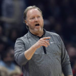 
              Milwaukee Bucks coach Mike Budenholzer directs the team during the first half of an NBA basketball game against the Cleveland Cavaliers, Wednesday, Dec. 21, 2022, in Cleveland. (AP Photo/Ron Schwane)
            