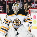 
              Boston Bruins goaltender Linus Ullmark (35) protects his net during the first period of an NHL hockey game against the New Jersey Devils Wednesday, Dec. 28, 2022, in Newark, N.J. (AP Photo/Frank Franklin II)
            