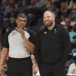 
              Memphis Grizzlies coach Taylor Jenkins, right, talks with official Tony Brothers during the first half of the team's NBA basketball game against the Detroit Pistons on Friday, Dec. 9, 2022, in Memphis, Tenn. (AP Photo/Nikki Boertman)
            