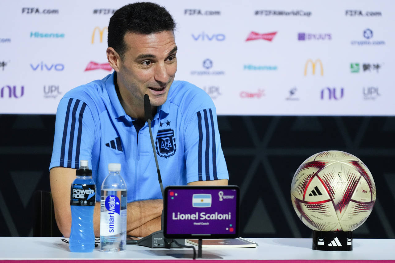 Argentina's head coach Lionel Scaloni attends a press conference ahead of the final soccer match be...