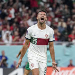 
              Portugal's Goncalo Ramos reacts during the World Cup quarterfinal soccer match between Morocco and Portugal, at Al Thumama Stadium in Doha, Qatar, Saturday, Dec. 10, 2022. (AP Photo/Ariel Schalit)
            