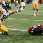 
              Pittsburgh Steelers cornerback Cameron Sutton (20) reacts to an incomplete pass in the end zone against the Atlanta Falcons during the first half of an NFL football game, Sunday, Dec. 4, 2022, in Atlanta. (AP Photo/Brynn Anderson)
            