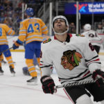 
              Chicago Blackhawks' Andreas Athanasiou reacts after missing a shot on goal during the third period of an NHL hockey game against the St. Louis Blues Thursday, Dec. 29, 2022, in St. Louis. (AP Photo/Jeff Roberson)
            