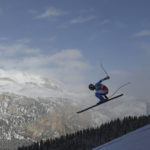 
              France's Nils Allegre is airborne during an alpine ski, men's World Cup downhill training, in Val Gardena, Italy, Tuesday, Dec.13, 2022. (AP Photo/Gabriele Facciotti)
            