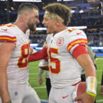 
              Kansas City Chiefs tight end Travis Kelce, left, and quarterback Patrick Mahomes celebrate after the Chiefs defeated the Los Angeles Chargers 30-27 in an NFL football game Sunday, Nov. 20, 2022, in Inglewood, Calif. (AP Photo/Jayne Kamin-Oncea)
            