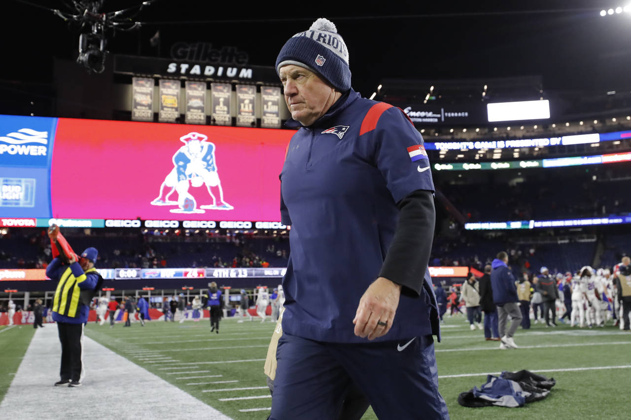 New England Patriots head coach Bill Belichick walks off the field after the team's 24-10 loss to t...