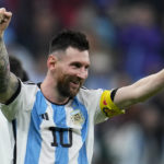 
              Argentina's Lionel Messi celebrates defeating Croatia 3-0 in a World Cup semifinal soccer match at the Lusail Stadium in Lusail, Qatar, Tuesday, Dec. 13, 2022. (AP Photo/Natacha Pisarenko)
            