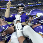 
              Minnesota Vikings kicker Greg Joseph celebrates with teammates after kicking the game-winning field goal in overtime against the Indianapolis Colts in an NFL football game, Saturday, Dec. 17, 2022, in Minneapolis, Minn. (Carlos Gonzalez/Star Tribune via AP)
            