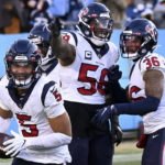 
              Houston Texans safety Jalen Pitre (5) celebrates after his interception on the last play of the game against the Tennessee Titans during the second half of an NFL football game, Saturday, Dec. 24, 2022, in Nashville, Tenn. The Houston Texans won 19-14. (AP Photo/Mark Zaleski)
            