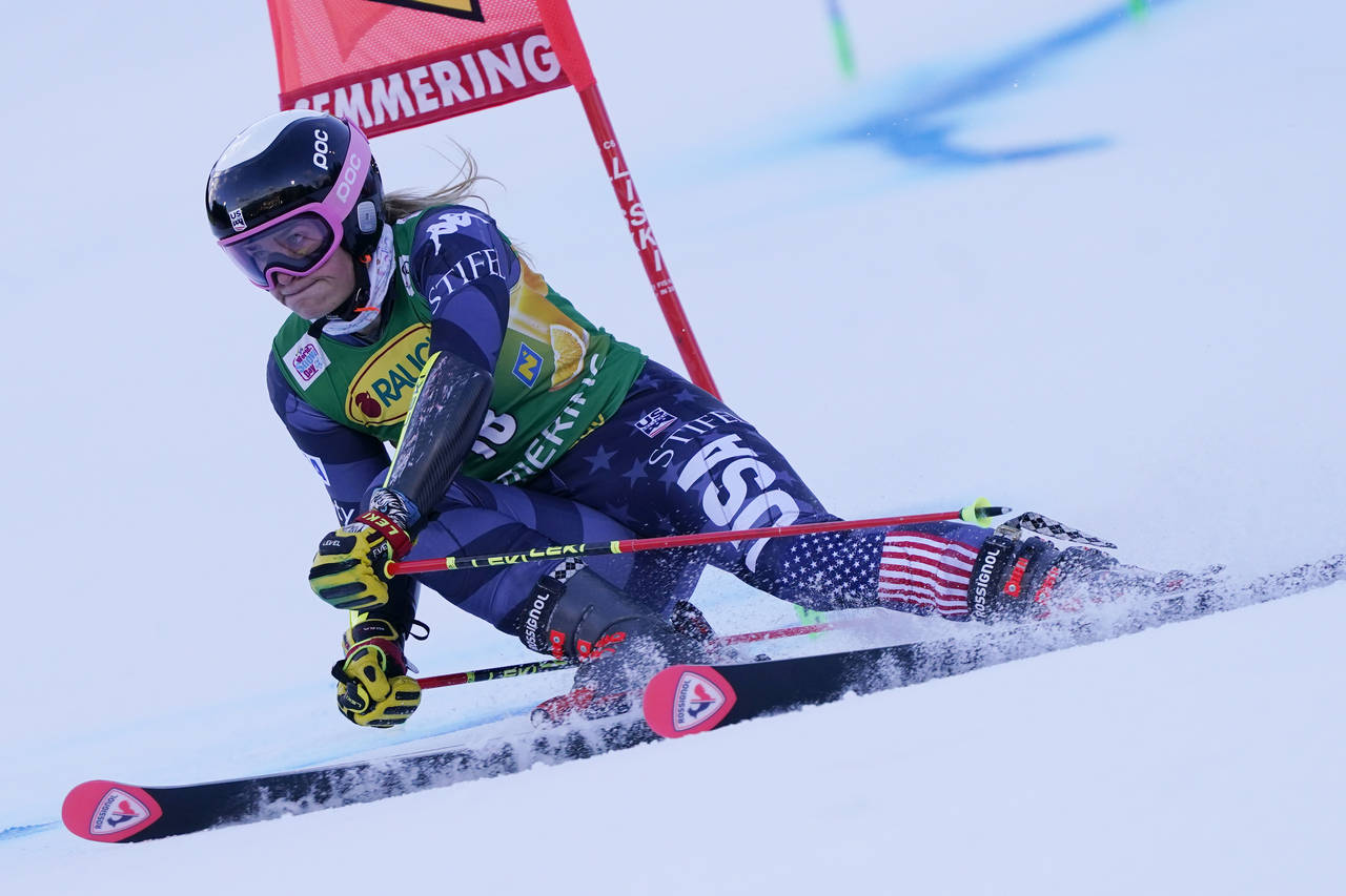 United States' Paula Moltzan speeds down the course during an alpine ski, women's World Cup giant s...
