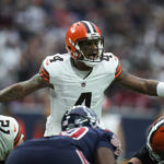 
              Cleveland Browns quarterback Deshaun Watson (4) calls a play at the line during the first half of an NFL football game between the Cleveland Browns and Houston Texans in Houston, Sunday, Dec. 4, 2022,. (AP Photo/Eric Christian Smith)
            