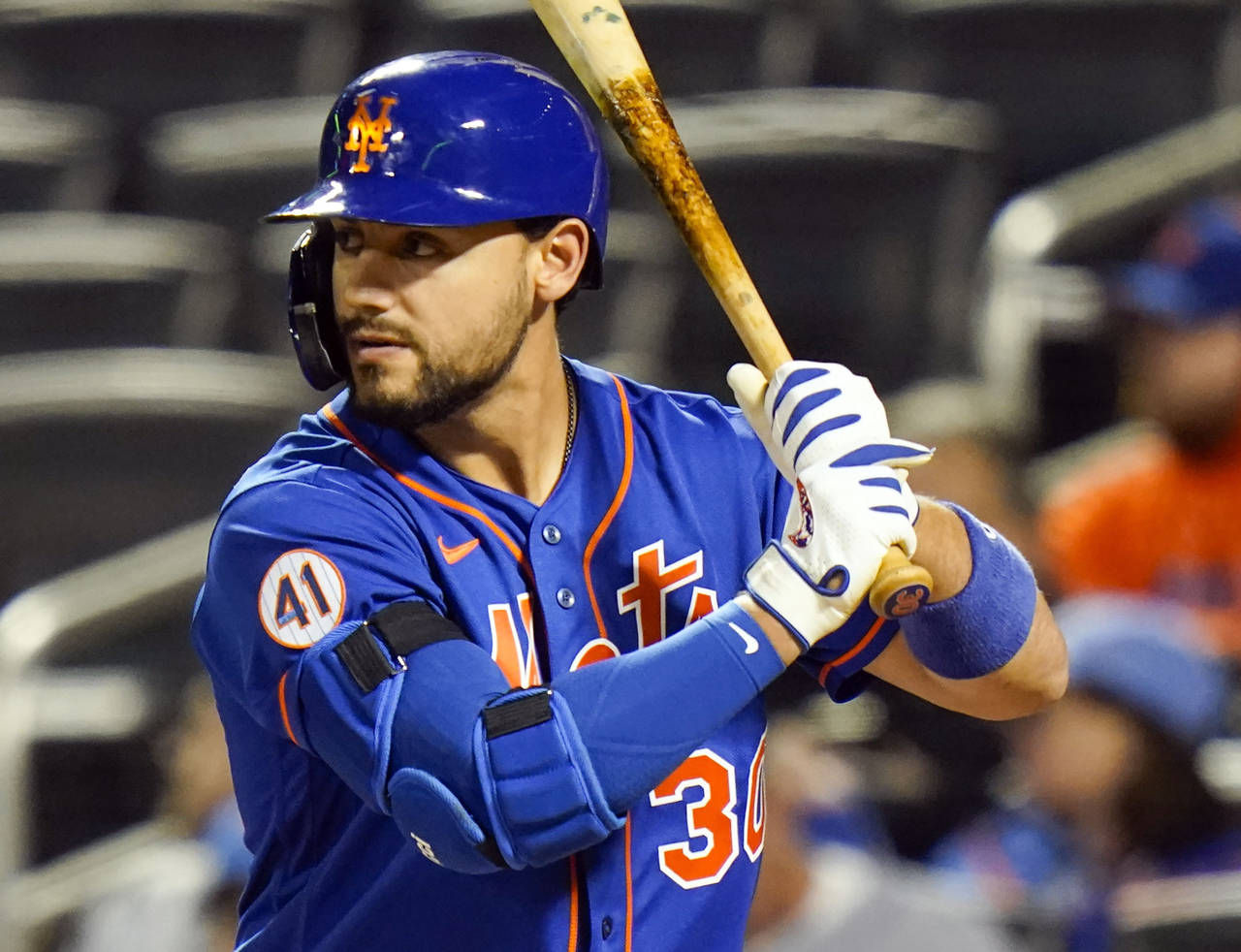 FILE - New York Mets' Michael Conforto takes an at-bat during the first inning of a baseball game a...