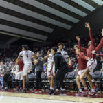 
              Alabama's bench celebrates after a dunk by guard Nimari Burnett during the second half of an NCAA college basketball game against South Dakota State, Saturday, Dec. 3, 2022, in Tuscaloosa, Ala. (AP Photo/Vasha Hunt)
            