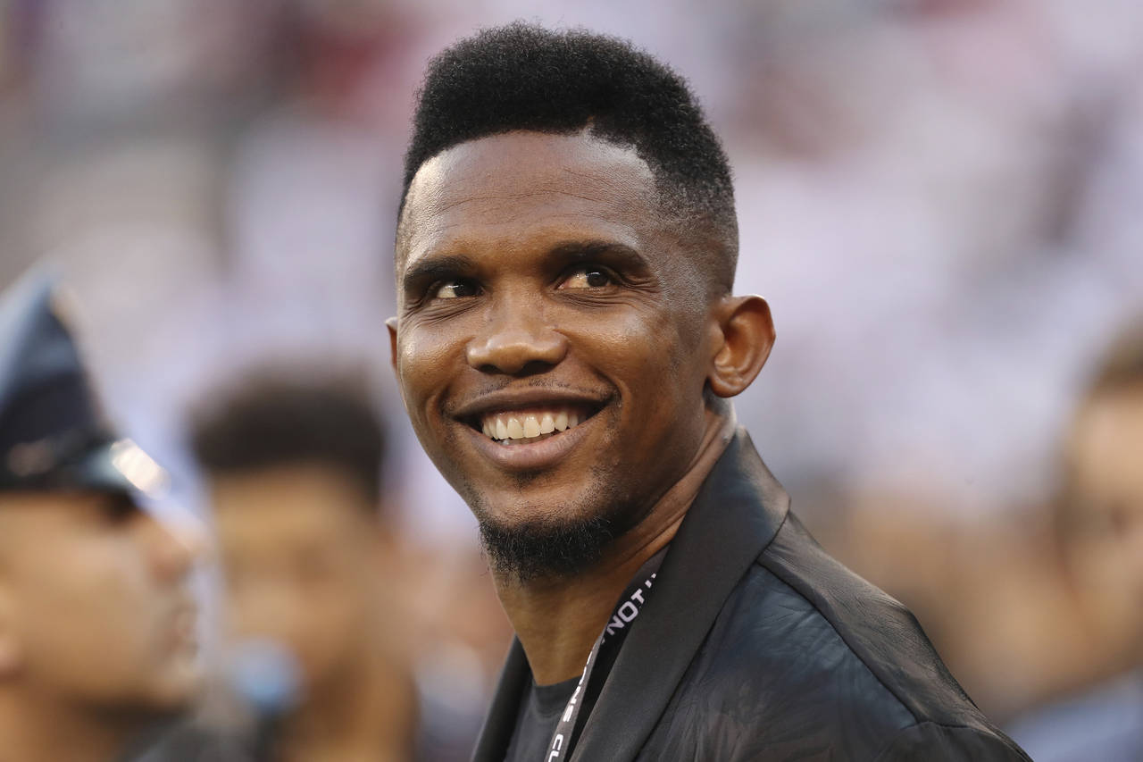 FILE - Soccer player Samuel Eto'o watches warmups before an International Champions Cup soccer matc...