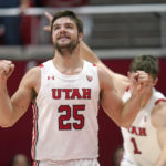 
              Utah guard Rollie Worster (25) celebrates after scoring against Arizona during the first half of an NCAA college basketball game Thursday, Dec. 1, 2022, in Salt Lake City. (AP Photo/Rick Bowmer)
            