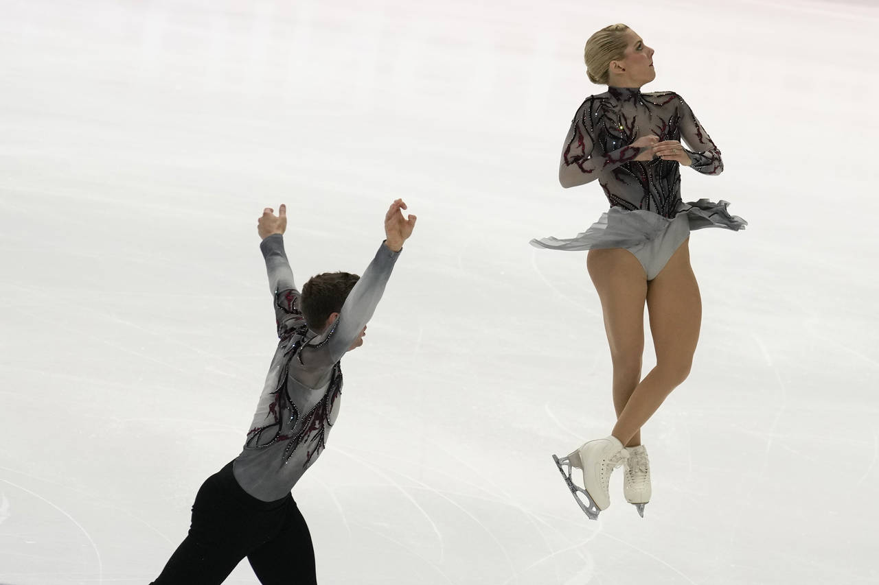 American pairs figure skaters Alexa Knierim and Brandon Frazier compete in the pairs' short program...